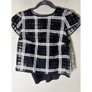 Milly Black White Large Plaid Sheer Short Sleeve Top Sz 6